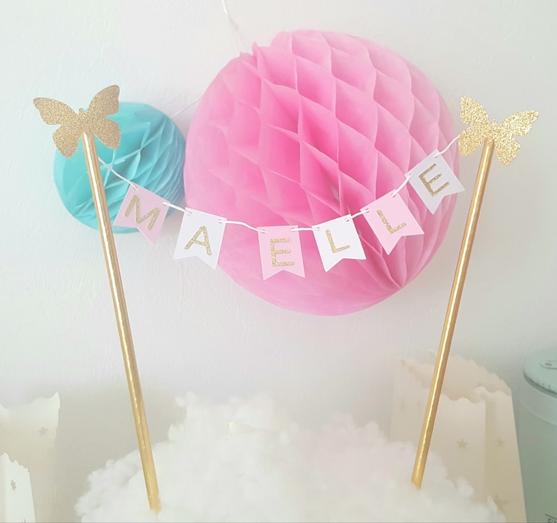 Mini Cake Garland custom first name-straws and golden butterflies-pink flags image 1