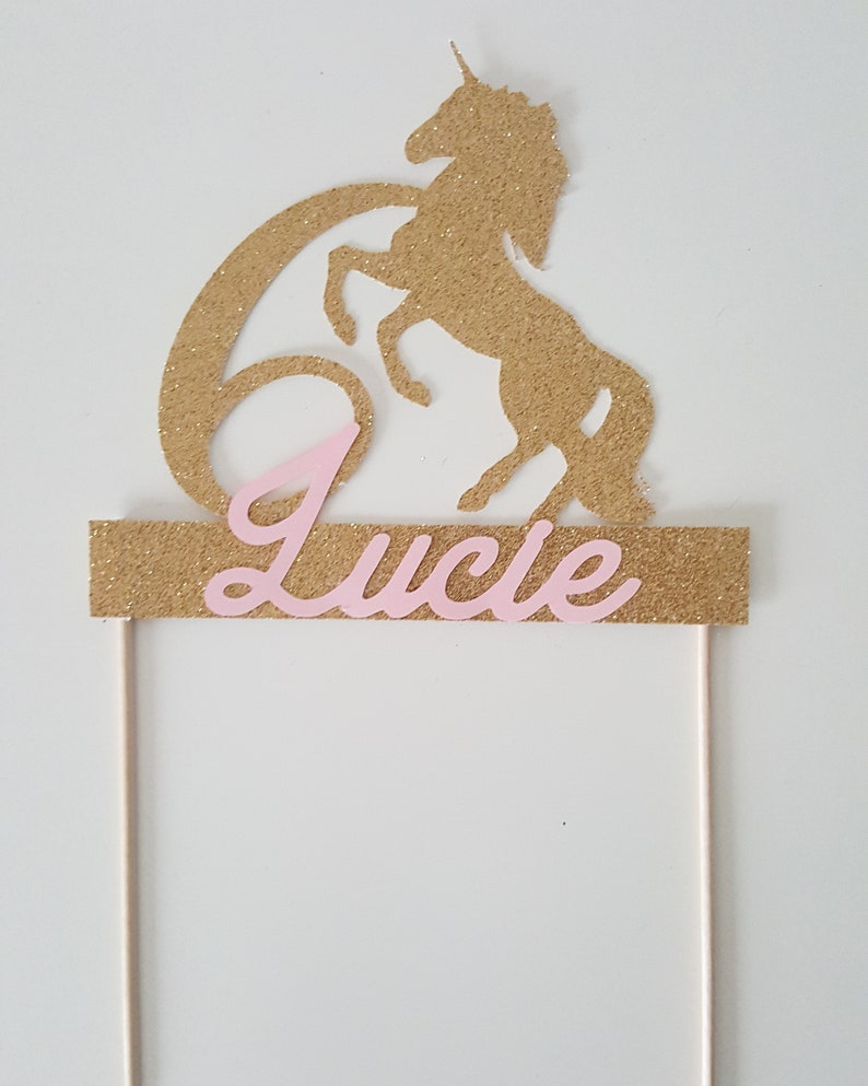 Decorative cake, Unicorn cake topper, gold, glitter, age, name, pink, kids birthday party image 1