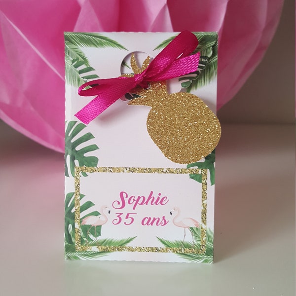 Boites à dragées, lot de 40 boites,anniversaire, thème "flamant rose" ananas - rose, fuchsia, exotique,ananas doré glitter,personnalisation