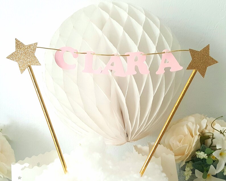 custom name-straws and stars-gold pink letters Mini cake Garland