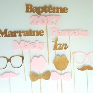 14 embellishments for photobooth-baptism-custom name pink and gold glitter