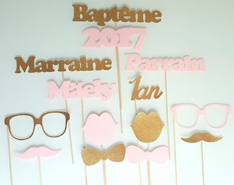 14 éléments pour photobooth-baptême-personnalisés prénom rose et or pailleté