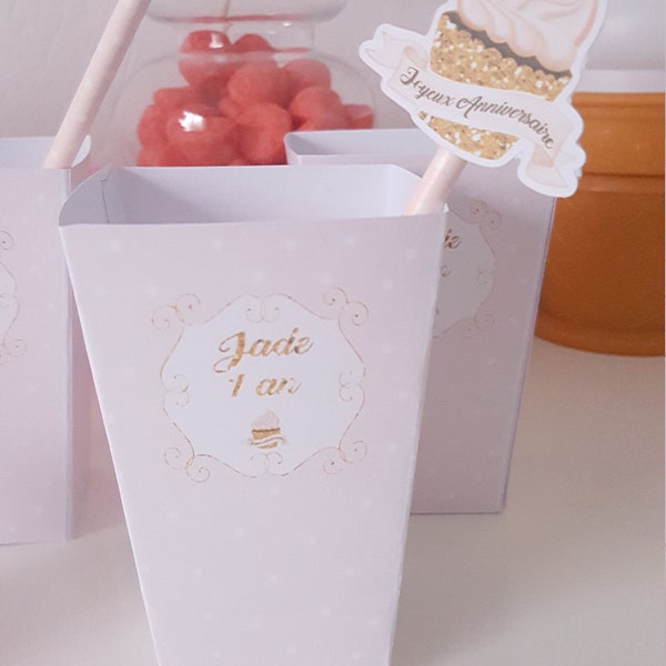 Boite pop corn,anniversaire enfant,décoration cupcakes,gourmandises, lot de 10, rose et doré