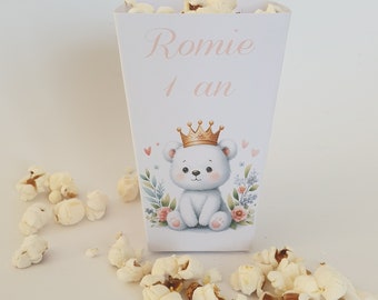 Boite pop corn, lot de 8 pots, baptême enfant, décoration baptême, boite bonbons ou dragées personnalisée, ourson couronné