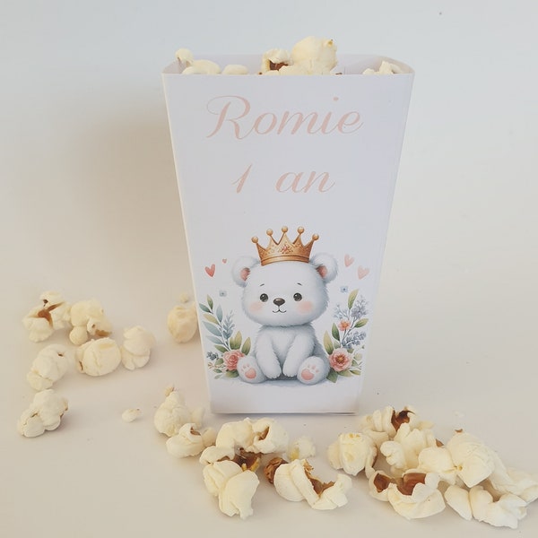 Boite pop corn, lot de 8 pots, baptême enfant, décoration baptême, boite bonbons ou dragées personnalisée, ourson couronné