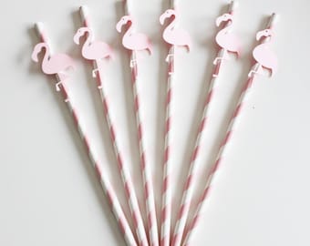 lot de 6 Pailles flamants roses vintage roses et blanches