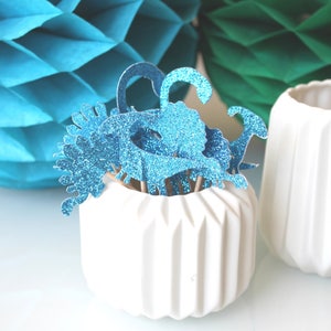 10 décorations pour petits gâteaux cupcakes toppers dinosaures bleus à paillettes image 2
