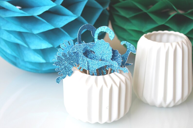 10 décorations pour petits gâteaux cupcakes toppers dinosaures bleus à paillettes image 2