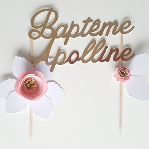 Decoration cake, cupcake Topper, bapteme, prenom, personalisation, Golden, pink flowers, party decoration