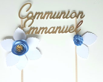 Decoration gateau, cake topper,communion,prenom, personnalisation, argenté brillant, fleurs bleues, decoration de fete