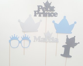 Photobooth anniversaire, prince, couronne, gris, bleu, argent, personnalisé,prenom,Lot de 6 accessoires