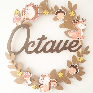 Gift birth, decoration baby room, animals of the forest, first name, wall decoration, wooden circle, babyshower, gift idea