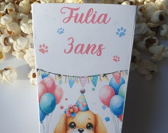 Boite pop corn, anniversaire enfant, fête petit chien, décoration ,pop corn, aquarelle personnalisée, lot de 8,fête pour enfant