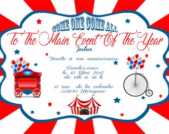 6 cards birthday invitation circus-red-blue-vintage - size 10 x 15 cm - printed and personalized