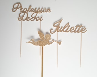 Cake decoration - first name + profession of faith-baptism-communion Angel - gold glitter paper