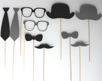 Photobooth Mariage, noir et gris, style Retro , chapeau melon, cravate, noeud, moustche, lunette,,Lot de 10 accessoires