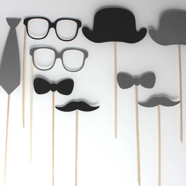 Photobooth Mariage, noir et gris, style Retro , chapeau melon, cravate, noeud, moustche, lunette,,Lot de 10 accessoires