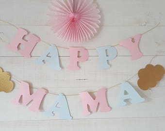 Guirlande "HAPPY MAMA" + 2 nuages papier pailleté doré- sur cordon or - pour babyshower