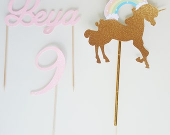 Decoration gateau, licorne arc en ciel, cake topper doré, prenom age rose paillette