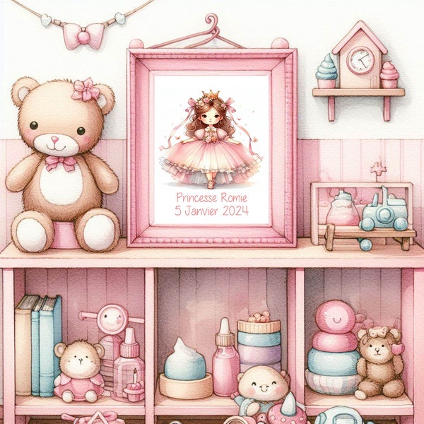 Affiche personnalisée, impression d'un dessin crayon, texte personnalisé, format A4, décoration chambre bebe, cadeau naissance, princesse