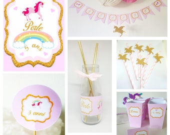 Box,anniversaire, Licorne,guirlande, boite pop corn, étiquette bouteille, decoration, anniversaire,pour 8  enfants