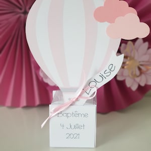 Dragees box, baptism, square box, hot air balloon, cloud, pink and white, personalized