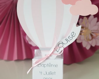 Dragees box, baptism, square box, hot air balloon, cloud, pink and white, personalized