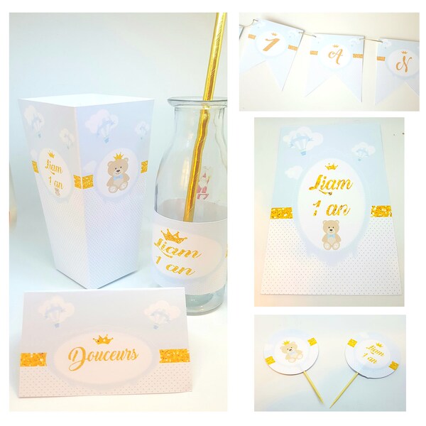 Box,anniversaire, nounours,guirlande, boite pop corn, étiquette bouteille, decoration, anniversaire,pour 8  enfants