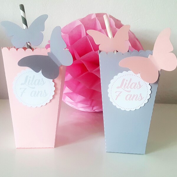 Boite à pop corn ou bonbons pour table de fête en papier- personnalisée- rose - gris + papillon -anniversaire-prenom-age