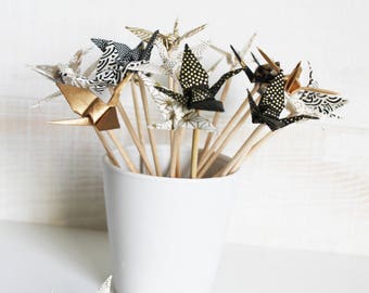 6 mini origami cranes gold and black wooden skewers