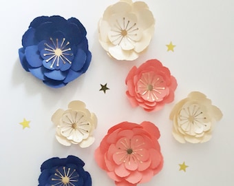 Paper flowers, wall decoration, table decoration,blue,ivory,pink,golden pistil