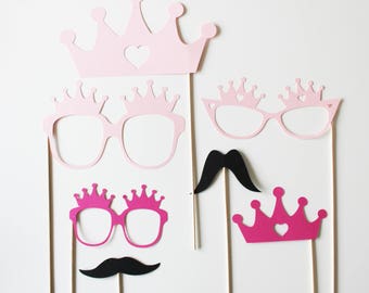 Lot de 7 accessoires Photobooth anniversaire princesse - fuchsia-rose-noir -modèle enfant