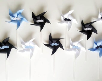 paper windmills (120g), mounted on vintage cardboard straws. mustache decorations,