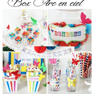 box,anniversaire, arc en ciel, papillon,guirlande, boite pop corn, étiquette bouteille, decoration, anniversaire,pour 6 enfants image 1