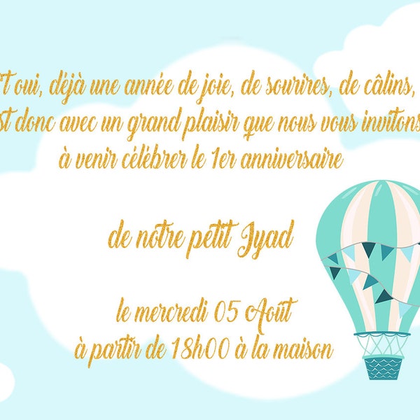 8 Cartes invitation anniversaire montgolfiere ,format 10x15 cm -imprimée et personnalisée