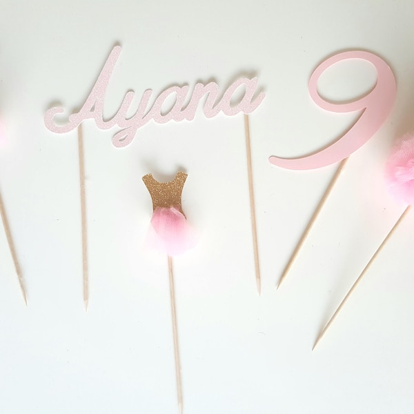 Cake topper, décoration gateau, doré, rose, age, prenom, enfant, anniversaire, personnalisation paillette, glitter, tulle, danseuse