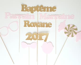 Lot de photobooth baptême enfant- personnalisé -lunettes-noeuds-bouches- bonbon-glitter-paillette