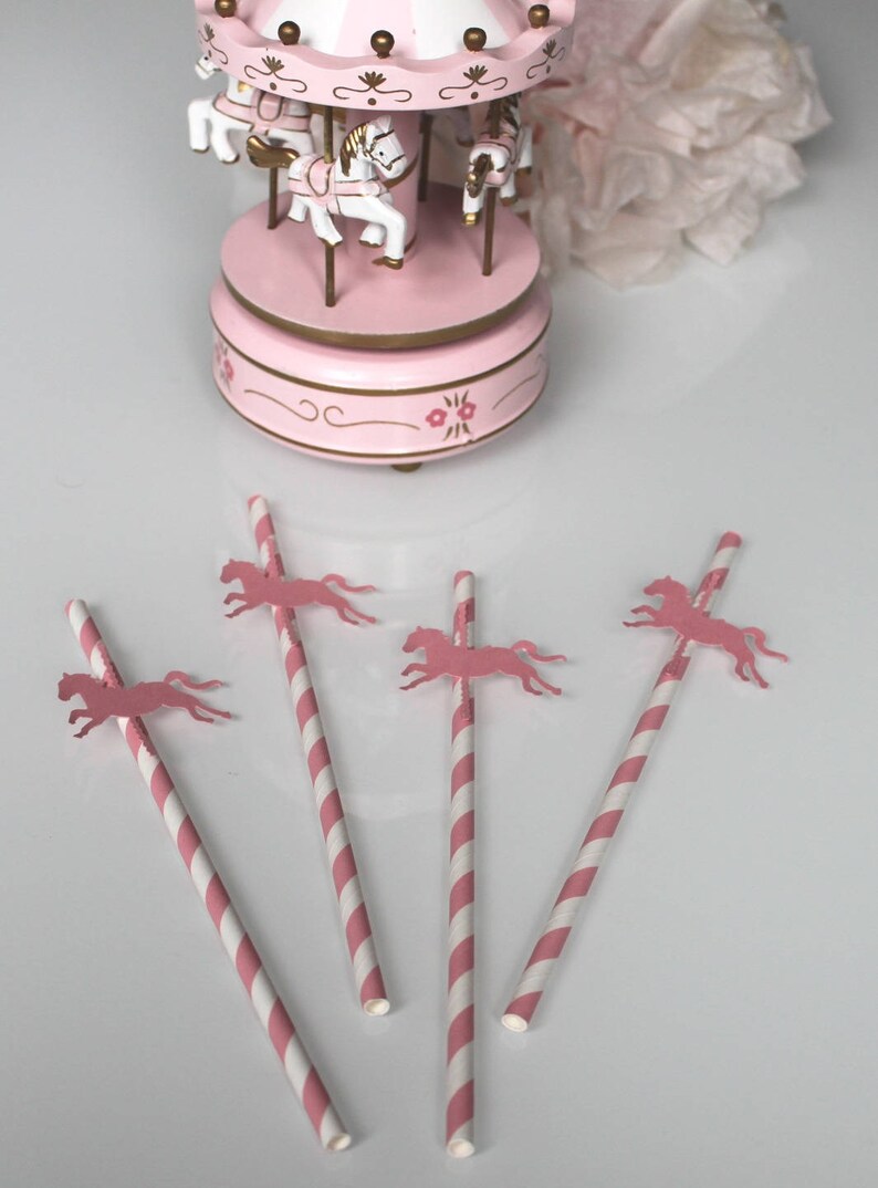Lot de 6 Pailles cheval carrousel roses pour anniversaire enfant image 1