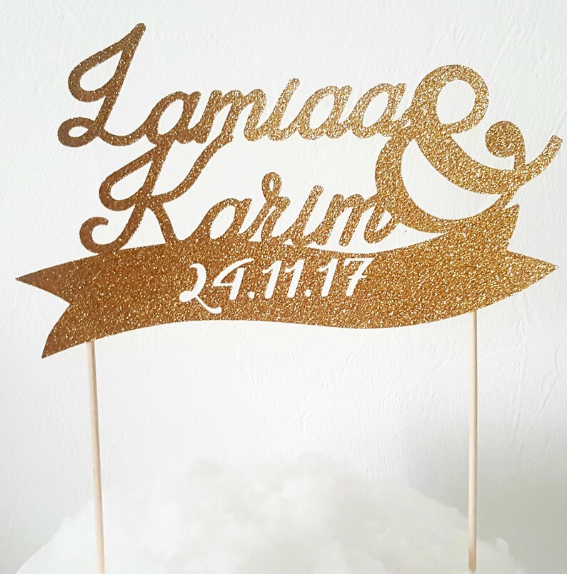 Cake decoration-2 names & date glittery gold cakeTopper wedding image 1