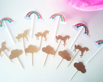 Cake topper, decoration anniversaire, decoration licorne, decoration petits gateaux, 5 nuages dorés-5 licornes-5 arc en ciel