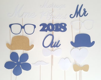 Photobooth, wedding, Mr, Mrs, Yes, blue, white, kraft, hat