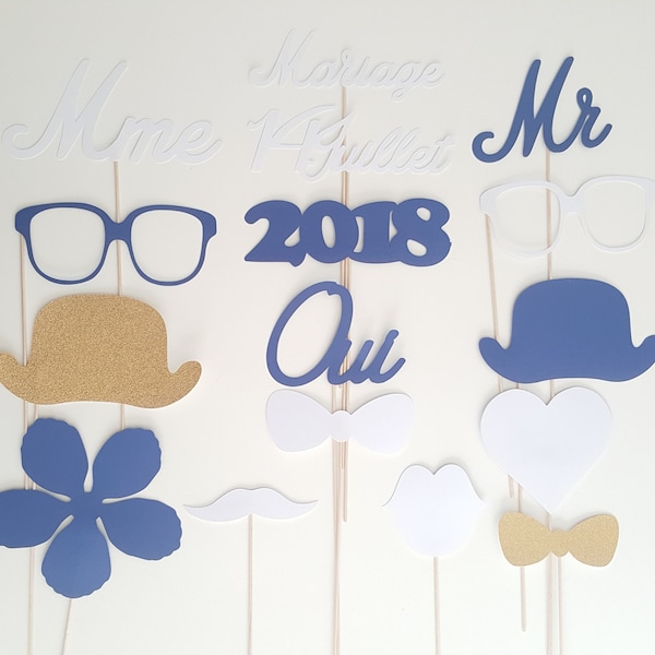 Photobooth, mariage, monsieur, madame, oui, bleu, blanc, kraft,chapeau