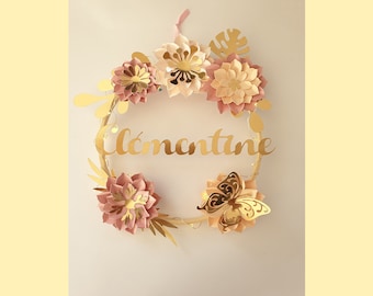 Wreath flowers, first name, gift birth, birthday child, wall decoration, paper flowers, wooden circle, gift idea, led garland