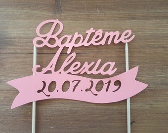 Décoration gâteau, bapteme enfant, prenom, personnalisé, date bapteme, rose, baptême,cake topper