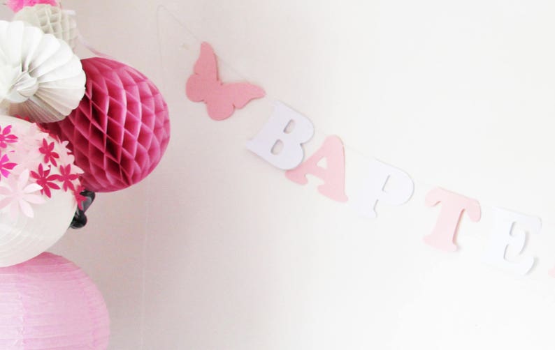 Garland Baptism name thick paper pink and white coated cotton thread 2 butterflies image 1