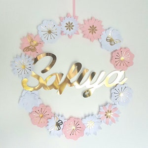 Couronne fleurs, prenom,cadeau naissance, anniversaire enfant,decoration murale,fleurs papier,cercle bois ,babyshower, idee cadeau 40 cm