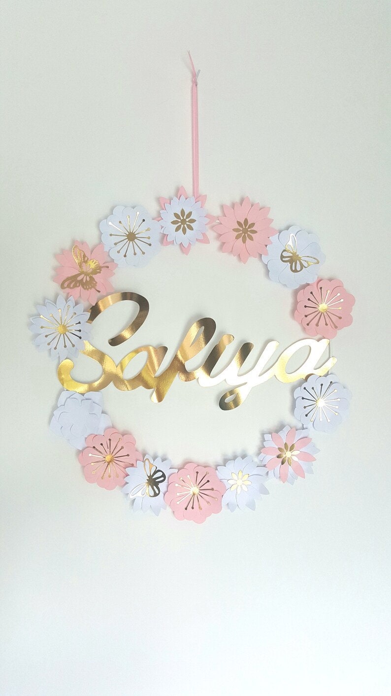 Couronne fleurs, prenom,cadeau naissance, anniversaire enfant,decoration murale,fleurs papier,cercle bois ,babyshower, idee cadeau 40 cm