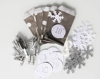 Noël : kit Calendrier de l'avent gris et pois blanc -flocons de neige blanc et gris