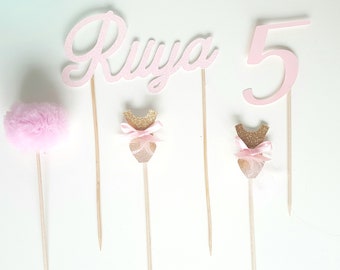 lot de 5 toppers pour anniversaire de danseuse - doré et rose pailleté et tulle rose - 2 danseuses +1 pompon en tulle + 1 prénom+ 1 age