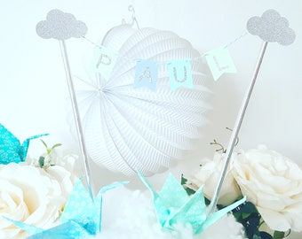 Décoration- guirlande prénom pour gâteau - bleu et argenté- nuages-cake topper